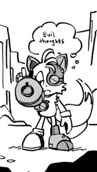 Size: 720x1280 | Tagged: safe, artist:thefantastician, miles "tails" prower, black and white, cyborg, cyborg tails, english text, frown, lidded eyes, looking at viewer, pointing gun at viewer, solo, standing, thought bubble