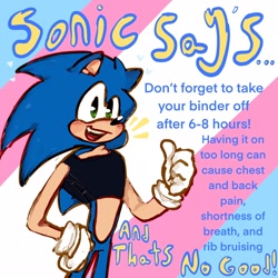 Size: 2048x2048 | Tagged: safe, artist:kyliebrightsun, sonic the hedgehog, binder, english text, looking at viewer, mouth open, pride flag background, smile, solo, sonic says, thumbs up, trans male, trans pride, transgender