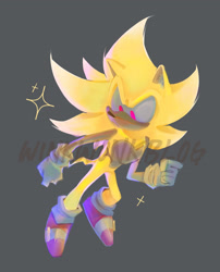 Size: 1454x1800 | Tagged: safe, artist:winkwonkblog, sonic the hedgehog, super sonic, clenched fists, flying, grey background, looking down, looking offscreen, obtrusive watermark, simple background, solo, sparkles, super form, top surgery scars, trans male, transgender, watermark