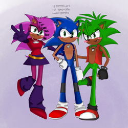 Size: 1788x1788 | Tagged: safe, artist:glampir3, manik the hedgehog, sonia the hedgehog, sonic the hedgehog, blushing, brother and sister, brothers, gradient background, knee braces, looking at viewer, siblings, signature, smile, standing, standing on one leg, top surgery scars, trans male, transgender, trio, v sign