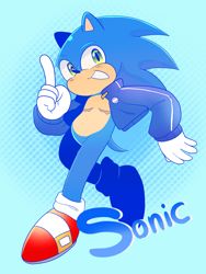 Size: 1542x2048 | Tagged: safe, artist:lemonmavi, sonic the hedgehog, alternate outfit, character name, clothes, jacket, looking at viewer, pointing, smile, solo, top surgery scars, trans male, trans pride, transgender, walking