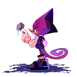 Size: 1479x1482 | Tagged: safe, artist:sseas0ning, espio the chameleon, the murder of sonic the hedgehog, alternate version, flower, lidded eyes, looking at viewer, looking back, looking back at viewer, rose, signature, simple background, smile, standing, white background