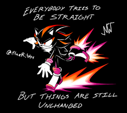 Size: 2048x1820 | Tagged: safe, artist:blueribbs, shadow the hedgehog, black background, english text, frown, lesbian pride, line art, looking ahead, pride, signature, simple background, skating, solo, throw it all away (song)