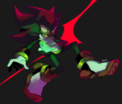 Size: 1870x1601 | Tagged: safe, artist:sourfrootz, shadow the hedgehog, chaos emerald, holding something, looking offscreen, mid-air, signature, solo