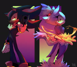 Size: 2048x1778 | Tagged: safe, artist:sourfrootz, blaze the cat, shadow the hedgehog, duo, fire, gun, holding something, looking at viewer, pointing gun at viewer, signature, standing