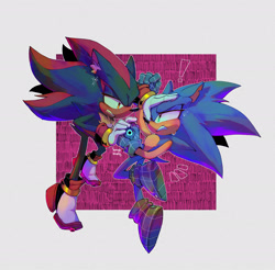 Size: 2048x2012 | Tagged: safe, artist:sourfrootz, shadow the hedgehog, sonic the hedgehog, sonic prime s2, cross popping vein, duo, exclamation mark, gay, looking at each other, shadow x sonic, shipping, signature, squabbling, top surgery scars, trans male, transgender