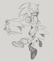 Size: 1010x1171 | Tagged: safe, artist:superscourge, sonic the hedgehog, line art, pointing, signature, sketch, smile, solo, top surgery scars, traditional media, trans male, transgender, wink