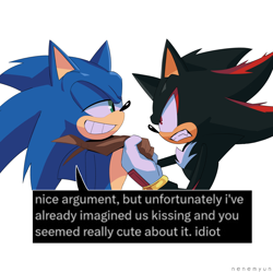 Size: 2048x2048 | Tagged: safe, artist:nenemyun, shadow the hedgehog, sonic the hedgehog, clenched teeth, duo, english text, gay, grabbing, lidded eyes, looking at each other, meme, shadow x sonic, shipping, signature, simple background, speech bubble, white background