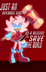 Size: 1965x3072 | Tagged: safe, artist:freys-dumpster-fire, amy rose, abstract background, english text, holding something, looking at viewer, piko piko hammer, solo, standing, super amy, super form