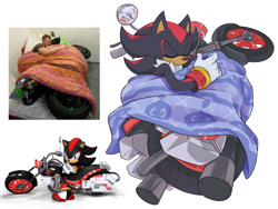Size: 2048x1536 | Tagged: safe, artist:cloudypouty, rouge the bat, shadow the hedgehog, blanket, cover, duo, eyes closed, holding something, motorcycle, reference inset, simple background, sleeping, smile, solo focus, white background
