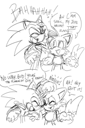Size: 2048x3072 | Tagged: safe, artist:gaytangle, miles "tails" prower, sonic the hedgehog, dialogue, duo, english text, laughing, noogie, simple background, sketch, smile, standing, white background