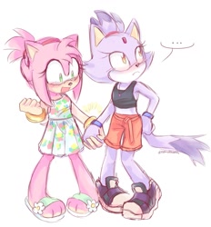 Size: 1189x1280 | Tagged: safe, artist:nottsukkomia, amy rose, blaze the cat, ..., 2024, alternate outfit, amy x blaze, blushing, clothes, duo, frown, holding hands, lesbian, looking away, mouth open, shipping, simple background, smile, standing, white background