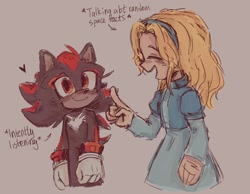 Size: 2048x1589 | Tagged: safe, artist:proj-sh4dow, maria robotnik, shadow the hedgehog, human, brother and sister, cute, duo, english text, eyes closed, grey background, heart, looking at them, mariabetes, shadowbetes, simple background, smile, standing