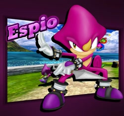 Size: 789x740 | Tagged: safe, artist:macharro, espio the chameleon, sonic heroes, 2016, character name, frown, holding something, kunai knife, lineless, looking offscreen, posing, screenshot background, solo