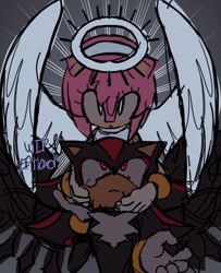 Size: 890x1094 | Tagged: safe, artist:gatioxd20, amy rose, shadow the hedgehog, angel, angel wings, duo, grey background, halo, hands on another's face, looking at them, wings