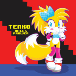Size: 1024x1025 | Tagged: safe, artist:kentami, miles "tails" prower, oc, oc:miles "tenko" prower, abstract background, bow, character name, crop top, gender swap, looking at viewer, smile, solo, standing, stockings