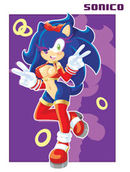 Size: 1280x1688 | Tagged: safe, artist:kentami, sonic the hedgehog, oc, oc:sonico, 2019, blushing, border, breasts, character name, cleavage, clothes, double v sign, gender swap, heels, jacket, looking at viewer, outline, ring, smile, standing on one leg, stockings, v sign, wink
