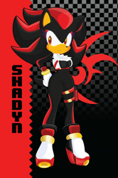 Size: 1024x1539 | Tagged: safe, artist:kentami, shadow the hedgehog, oc, oc:shadyn, 2017, abstract background, breasts, character name, cleavage, cleavage fluff, frown, gender swap, jacket, looking offscreen, shadow's logo, solo, standing