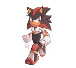 Size: 1000x896 | Tagged: safe, artist:quark19601, shadow the hedgehog, 2019, clothes, frown, gender swap, looking at viewer, simple background, solo, walking, white background