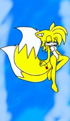 Size: 750x1280 | Tagged: safe, artist:classicsonic06, miles "tails" prower, 2015, barefoot, featureless breasts, frown, gender swap, holding something, lidded eyes, necklace, sad, signature, solo