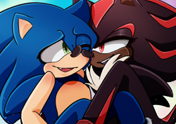 Size: 842x595 | Tagged: safe, artist:sonic-rider-art, shadow the hedgehog, sonic the hedgehog, cute, duo, gay, lidded eyes, looking at each other, one eye closed, shadow x sonic, shipping