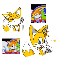 Size: 1668x1668 | Tagged: safe, artist:fixstern star, miles "tails" prower, sonic the hedgehog 2, 2021, :<, eyes closed, frown, looking at viewer, redraw, reference inset, simple background, smile, solo, tailabetes, white background