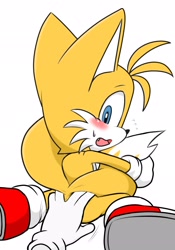 Size: 1431x2048 | Tagged: safe, artist:fixstern star, miles "tails" prower, 2020, alternate version, blushing, butt, duo, hand on another's butt, holding tail, kneeling, looking at viewer, looking back, looking back at viewer, mouth open, offscreen character, one fang, simple background, sitting, sweatdrop, unknown character, white background