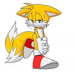 Size: 1668x1668 | Tagged: safe, artist:fixstern star, miles "tails" prower, 2021, floppy ears, hands together, lidded eyes, looking at viewer, mouth open, simple background, solo, sweatdrop, walking, white background