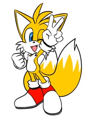 Size: 600x800 | Tagged: safe, artist:fixstern star, miles "tails" prower, 2020, clenched fist, flat colors, looking at viewer, mouth open, one fang, simple background, smile, solo, standing, v sign, white background, wink