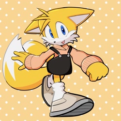 Size: 1668x1668 | Tagged: safe, artist:fixstern star, miles "tails" prower, 2022, alternate outfit, cute, dress, floppy ears, gloves off, loafers, looking at viewer, overalls, smile, socks, solo, sweater, walking