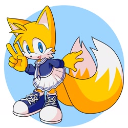 Size: 1668x1668 | Tagged: safe, artist:fixstern star, miles "tails" prower, 2022, alternate outfit, clothes, cute, dress, gloves off, looking at viewer, mouth open, schoolgirl outfit, smile, solo, standing, tailabetes, v sign