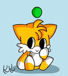 Size: 1800x2000 | Tagged: safe, artist:capitalcalamiti, chao, 2020, :>, blue background, chaobetes, character chao, cute, looking offscreen, shadow (lighting), signature, simple background, sitting, smile, solo, tails chao