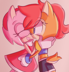 Size: 2000x2100 | Tagged: safe, artist:capitalcalamiti, amy rose, sally acorn, 2022, amybetes, blushing, cute, duo, eye clipping through hair, eyebrow clipping through hair, eyes closed, holding them, lesbian, looking at them, mouth open, pink background, sallabetes, sallamy, shipping, simple background, smile, standing