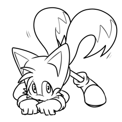 Size: 1024x1024 | Tagged: safe, artist:fixstern star, miles "tails" prower, 2021, all fours, black and white, line art, looking offscreen, pout, simple background, solo, white background