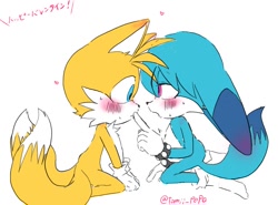 Size: 768x567 | Tagged: safe, artist:tomii_pepe, kit the fennec, miles "tails" prower, 2024, blushing, blushing ears, cute, duo, flat colors, gay, japanese text, kitails, kneeling, lidded eyes, looking at each other, mouth open, shipping, signature, simple background, sweatdrop, white background