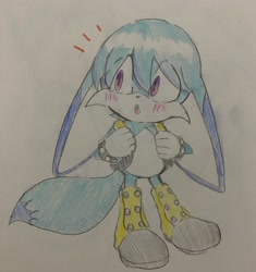 Size: 1922x2048 | Tagged: safe, artist:tomii_pepe, kit the fennec, 2023, :o, blushing, eye clipping through hair, looking offscreen, mouth open, solo, standing, traditional media