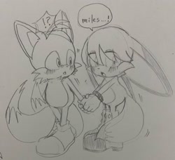 Size: 2048x1864 | Tagged: safe, artist:tomii_pepe, kit the fennec, miles "tails" prower, 2023, blushing, cute, dialogue, duo, exclamation mark, eye clipping through hair, gay, holding hands, kitabetes, kitails, line art, looking at them, mouth open, pencilwork, question mark, shipping, speech bubble, standing, surprised, tailabetes, traditional media