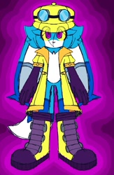 Size: 1058x1622 | Tagged: safe, artist:kitsunami_soul, kit the fennec, 2024, alternate outfit, clothes, cute, eye clipping through clothes, eye clipping through hair, goggles, hat, looking at viewer, no mouth, raincoat, solo, standing, yellow sclera