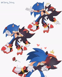Size: 1639x2048 | Tagged: safe, artist:clery_trixy, shadow the hedgehog, sonic the hedgehog, 2024, dancing, duo, flower, flustered, frown, gay, holding each other, holding something, kiss, lidded eyes, rose, rose in mouth, shadow x sonic, shipping, simple background, smile, surprise kiss, surprised, white background
