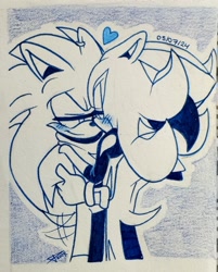 Size: 1647x2048 | Tagged: safe, artist:pix3_0, shadow the hedgehog, sonic the hedgehog, blushing, duo, gay, heart, holding each other, lidded eyes, line art, looking at each other, shadow x sonic, shipping, signature, smile, sonic boom (tv), standing, traditional media, wagging tail