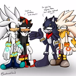 Size: 2048x2048 | Tagged: safe, artist:lustrouscloud, shadow the hedgehog, silver the hedgehog, 2024, dialogue, english text, gay, group, looking at each other, self paradox, shadow (lighting), shadow x silver, shipping, signature, simple background, terios the hedgehog, terios x venice, venice the hedgehog, white background