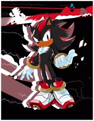 Size: 1585x2048 | Tagged: safe, artist:gaiamoonflayer, shadow the hedgehog, sonic the hedgehog, 2024, abstract background, frown, redraw, solo, standing