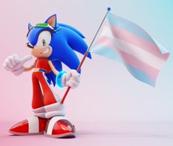 Size: 2048x1728 | Tagged: safe, artist:ladylunanova, sonic the hedgehog, 2024, 3d, crop top, flag, gradient background, holding something, looking at viewer, pants, pride, pride flag, smile, solo, sunglasses, trans female, trans pride, trans visibility day, transgender