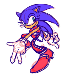 Size: 531x558 | Tagged: safe, artist:cyanhyprpsychic, sonic the hedgehog, 2024, crop top, looking offscreen, pants, posing, simple background, sketch, smile, soap shoes, solo, trans female, transgender, white background