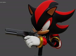 Size: 2048x1514 | Tagged: safe, artist:ladylunanova, shadow the hedgehog, 2024, 3d, frown, grey background, gun, holding something, looking ahead, simple background, skating, solo