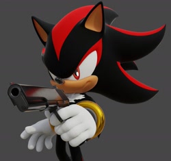 Size: 1861x1747 | Tagged: safe, artist:ladylunanova, shadow the hedgehog, 2024, 3d, grey background, gun, holding something, looking ahead, simple background, smile, solo, standing