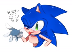 Size: 2048x1481 | Tagged: safe, artist:tamjeong_sonic, sonic the hedgehog, 2024, japanese text, looking offscreen, one eye closed, simple background, smile, solo, tongue out, white background