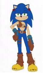 Size: 1064x1877 | Tagged: safe, artist:hyrulepirate, sonic the hedgehog, 2024, alternate outfit, alternate universe, au:hyrule, belt, boots, brown gloves, ear piercing, earring, simple background, smile, solo, standing, white background