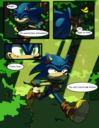 Size: 700x900 | Tagged: safe, artist:hyrulepirate, sonic the hedgehog, 2024, abstract background, alternate outfit, alternate universe, au:hyrule, dialogue, english text, forest, implied tails, outdoors, running, smile, solo, speech bubble