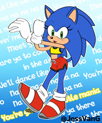 Size: 1280x1556 | Tagged: safe, artist:glitter-husky, sonic the hedgehog, 2022, alternate outfit, clothes, english text, gender swap, gradient background, looking at viewer, mouth open, outline, signature, smile, solo, standing on one leg, stretching